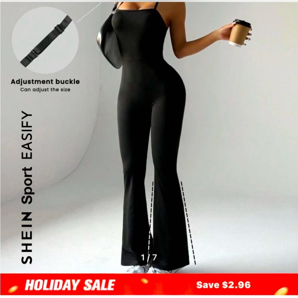 Black one piece flare leg with only one around the neck strap